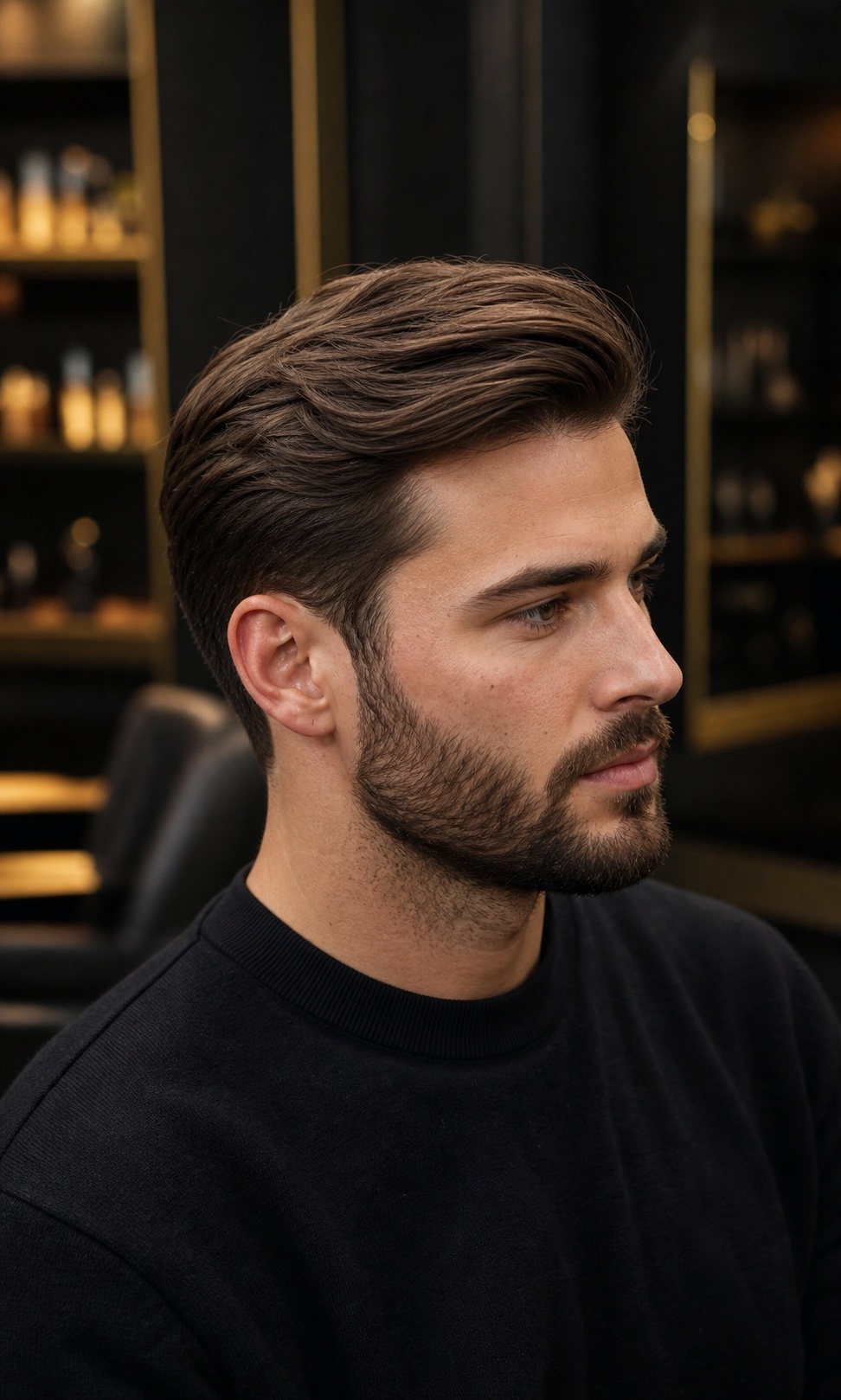 Corte clássico com volume e barba desenhada