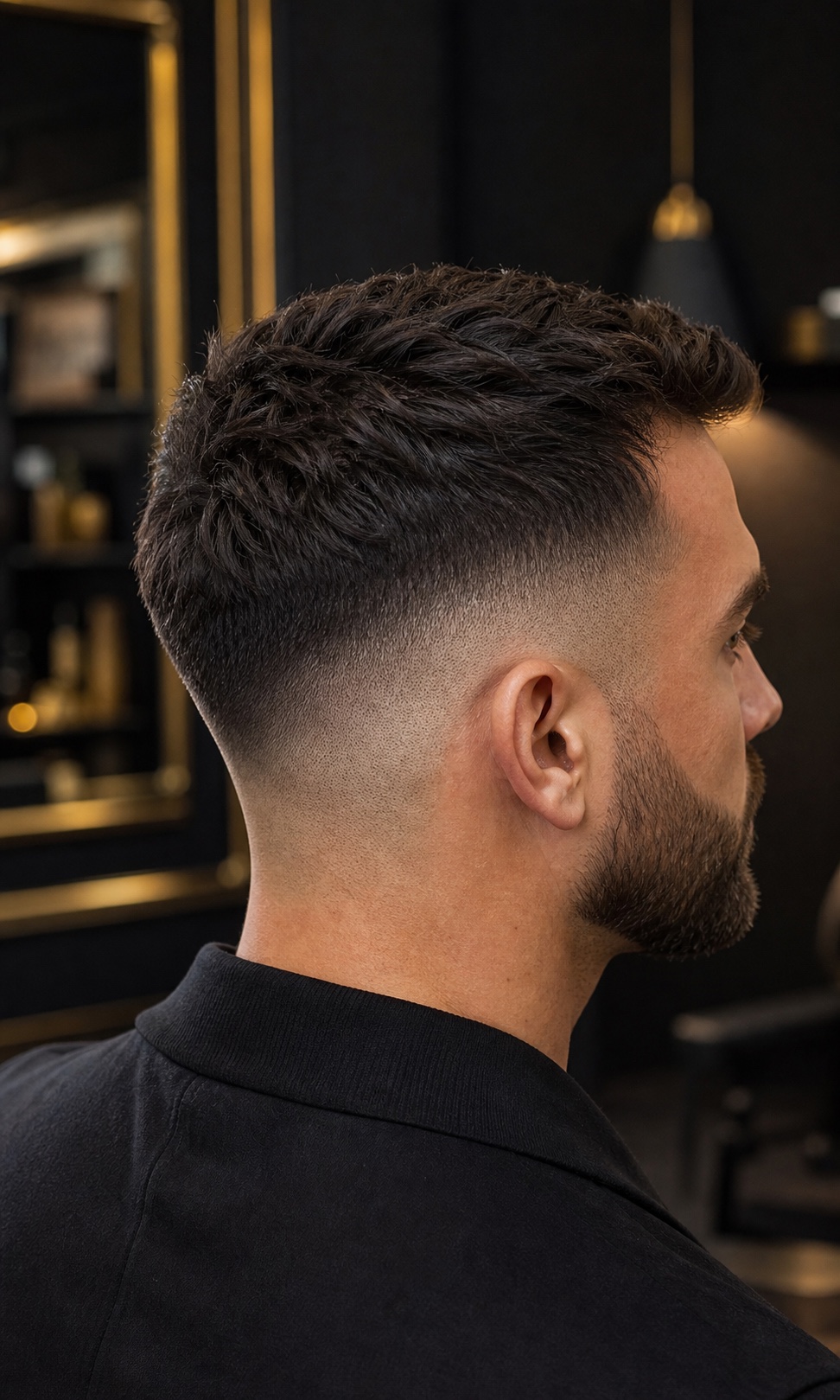 Degradê baixo com volume e acabamento de barba